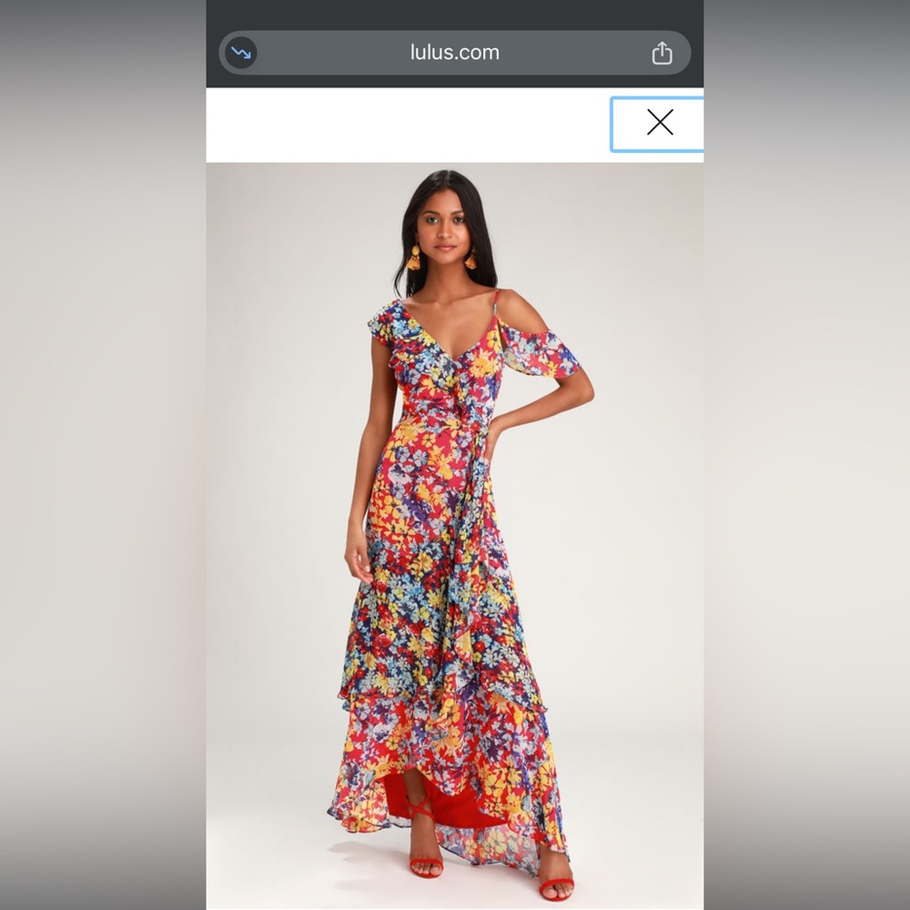 Lulus Radiant Ruby Red Floral Print Chiffon Maxi Dress size L